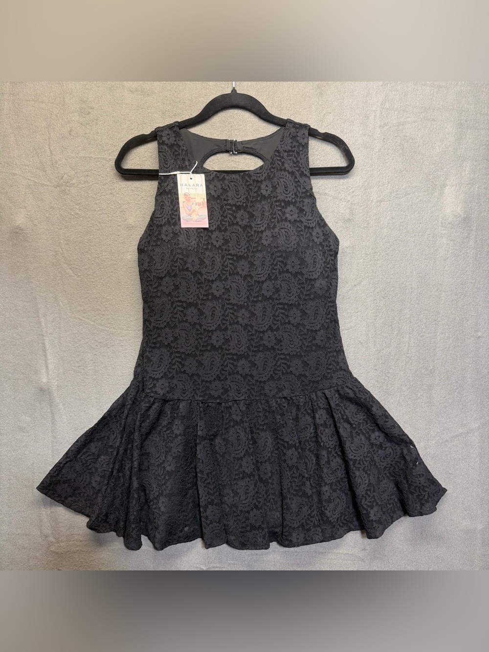 NWT L Halara Black Lace Mini Dance Active Dress Built-in Bra Shorts Built-in Bra